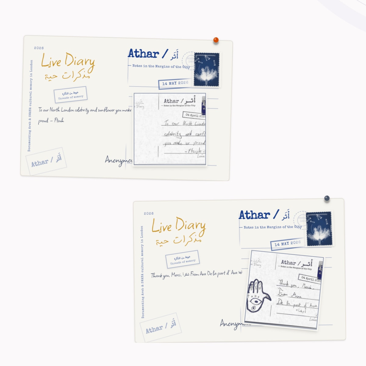 Two published community postcards, preserving their handwriting, stamps and pinned-paper presentation.