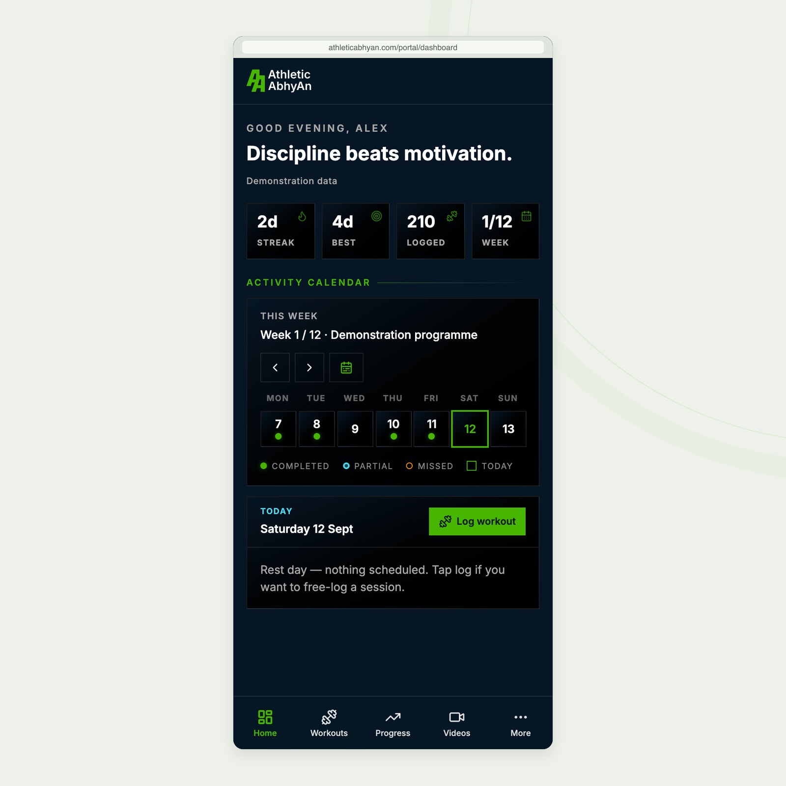 The mobile athlete dashboard with clearly labelled demonstration data, activity totals and completed training days.