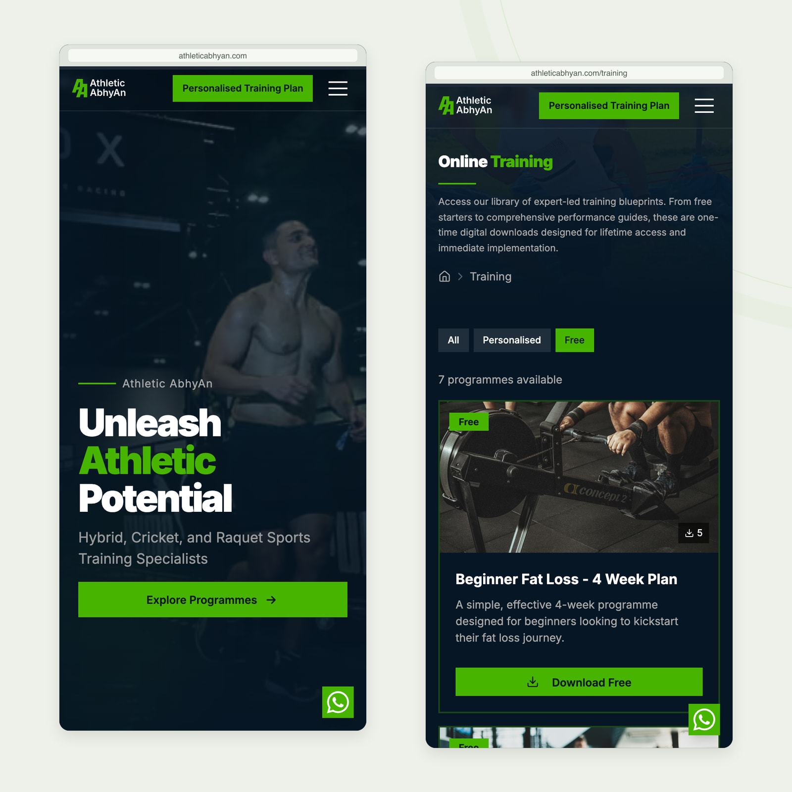 Real mobile views of Athletic AbhyAn’s homepage and downloadable training library.