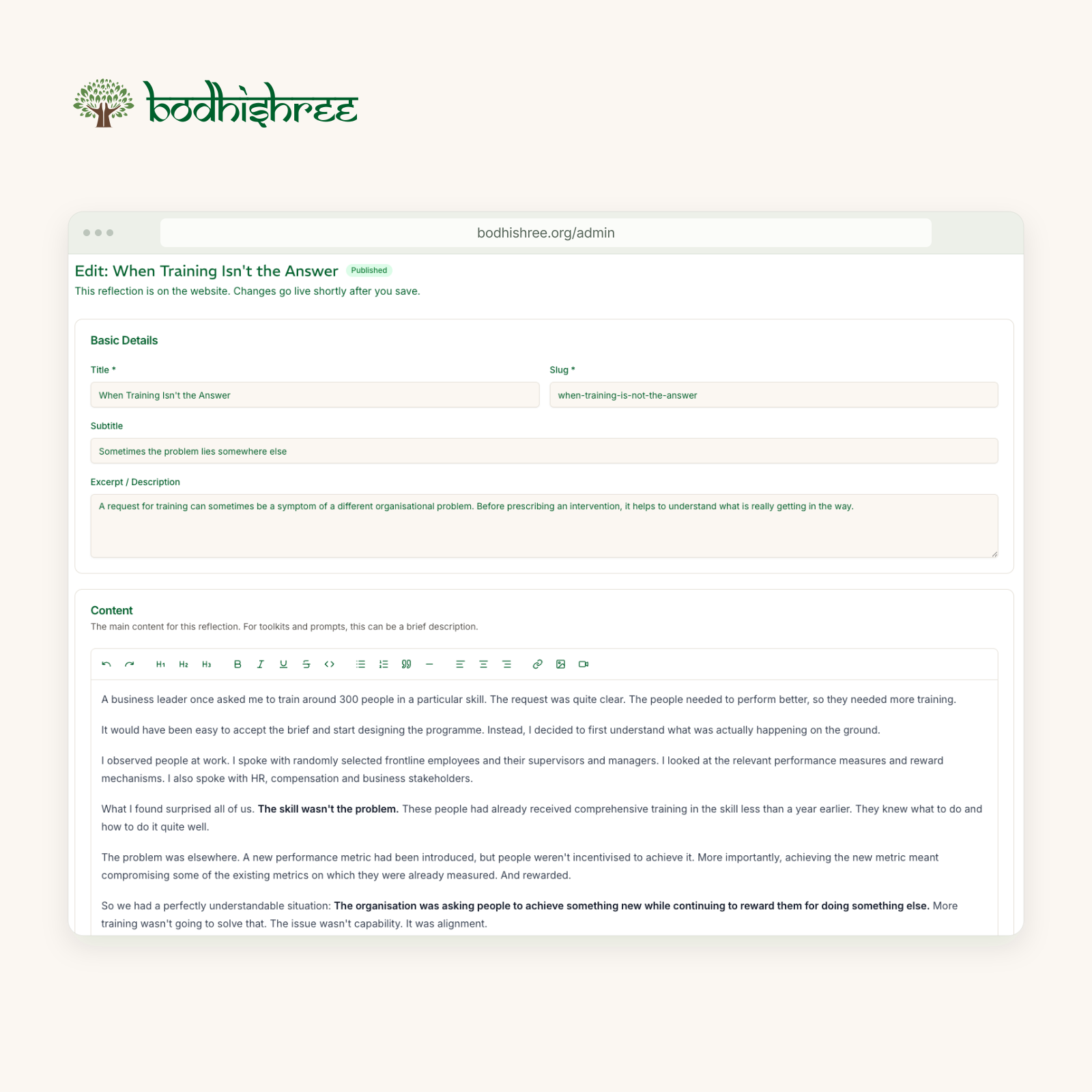 The BodhiShree CMS editor for a published reflection, showing writing and publishing controls.