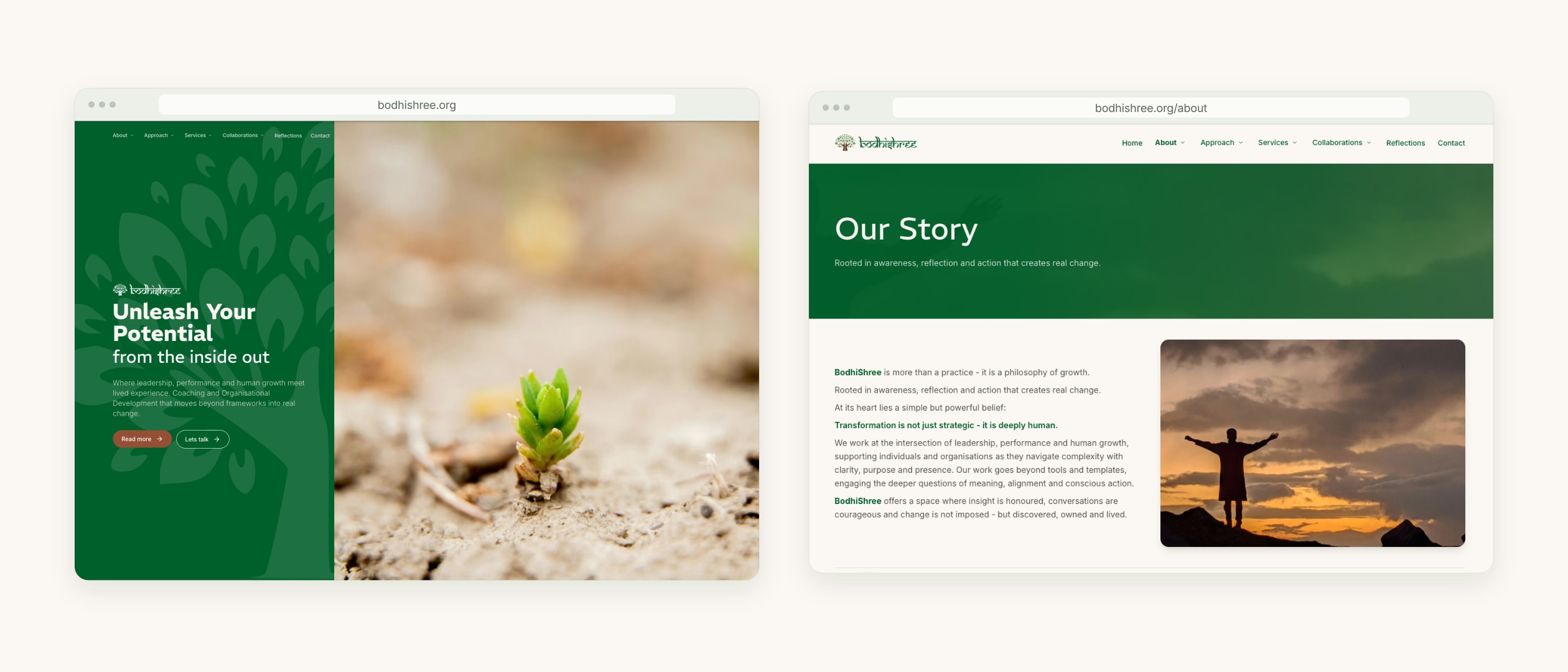 The BodhiShree homepage and About page, showing the refined identity, deep green palette and warm photography.