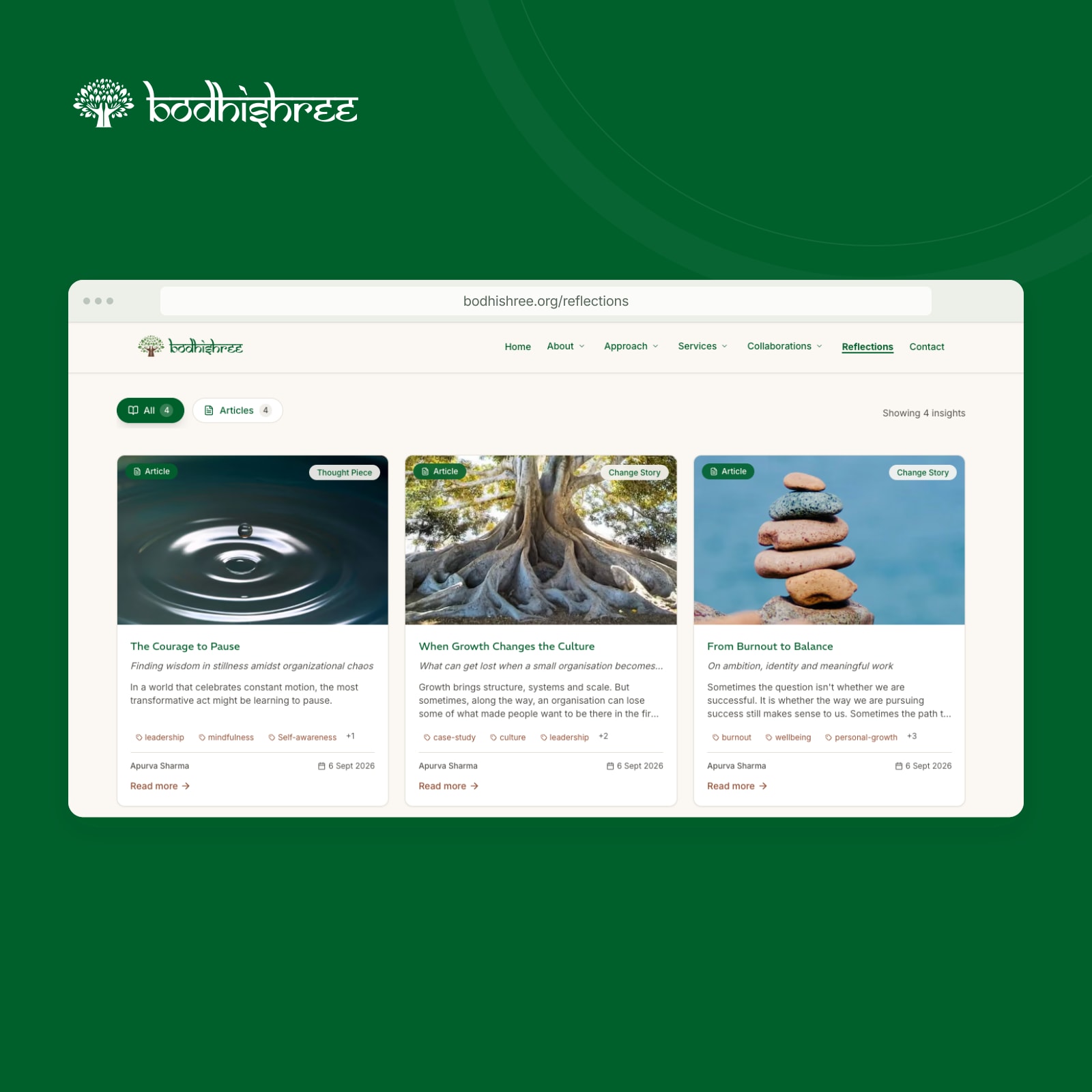 The live BodhiShree Reflections page with published writing and supporting images.