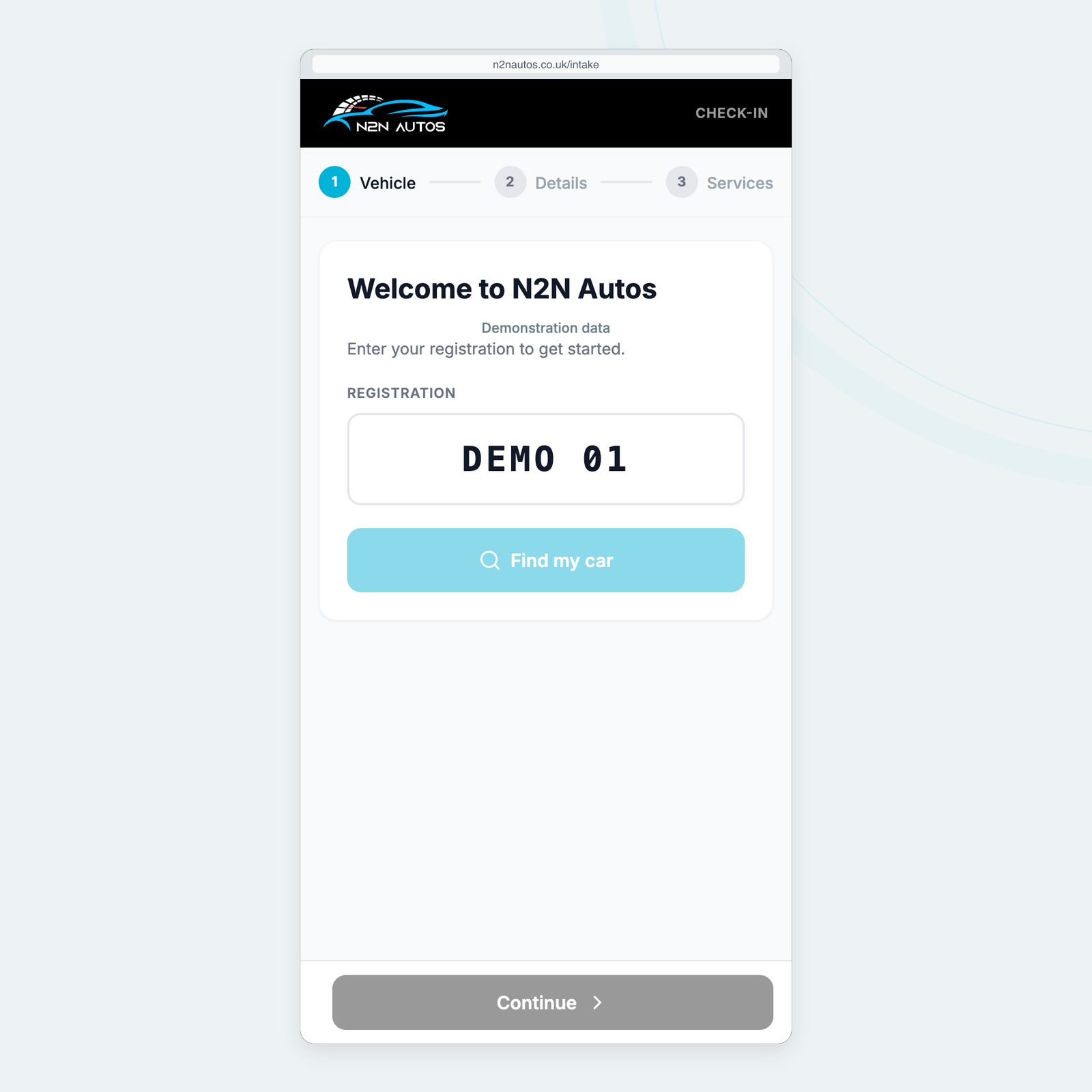 The customer-facing vehicle check-in entry screen with a labelled demonstration registration. No check-in has been submitted.