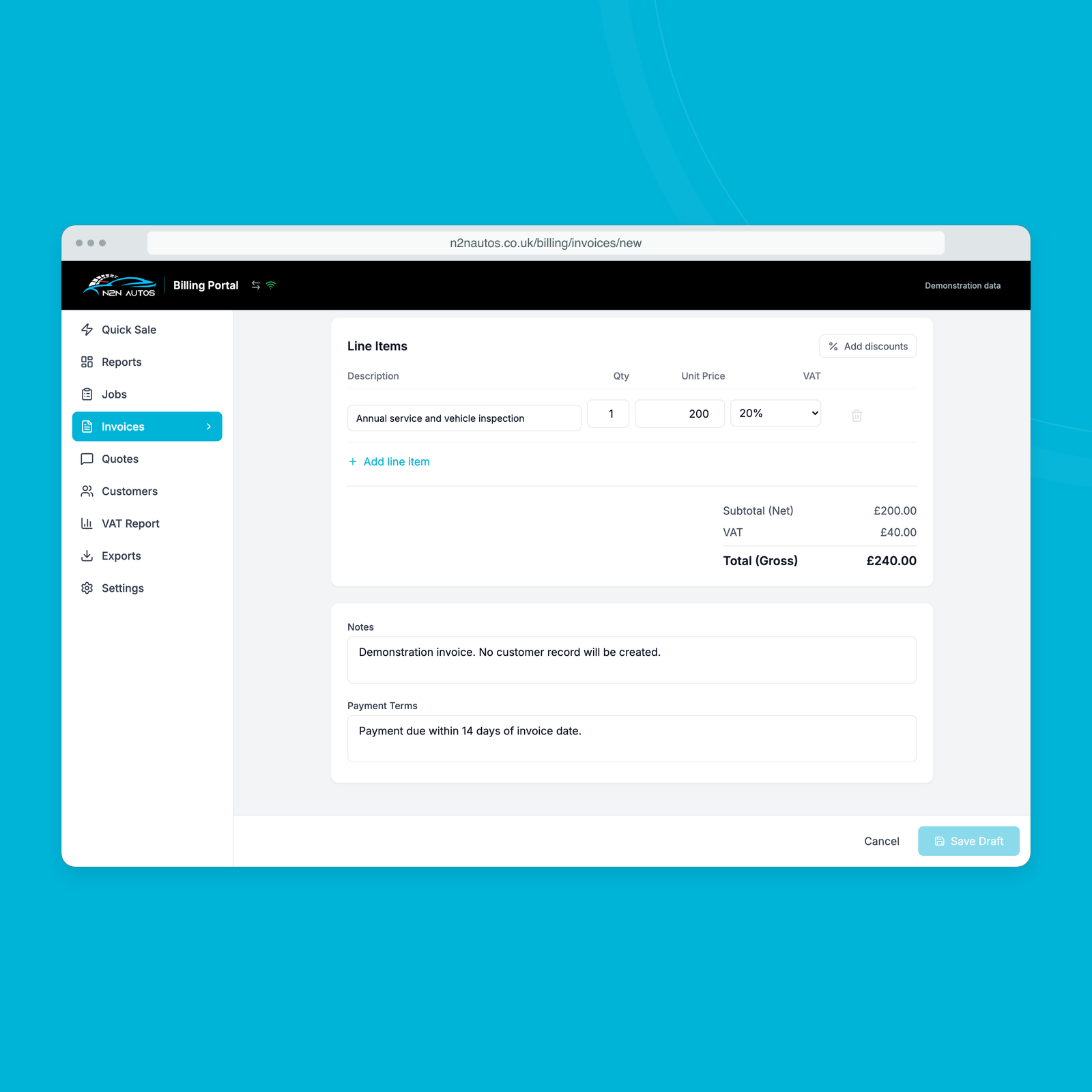 The invoice editor showing an example service line, VAT and total, using labelled demonstration data.