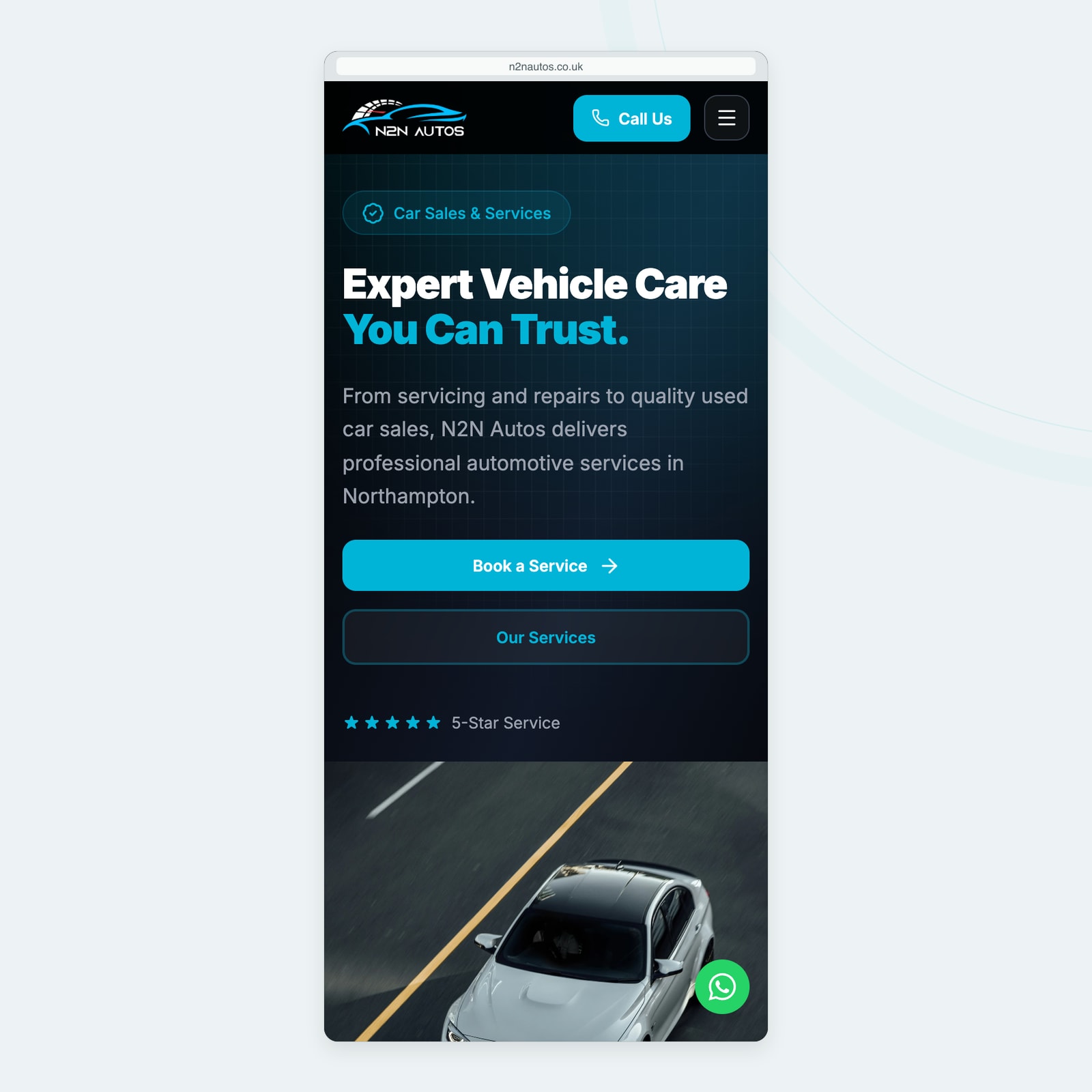 N2N Autos mobile homepage, with prominent call and service-booking actions.