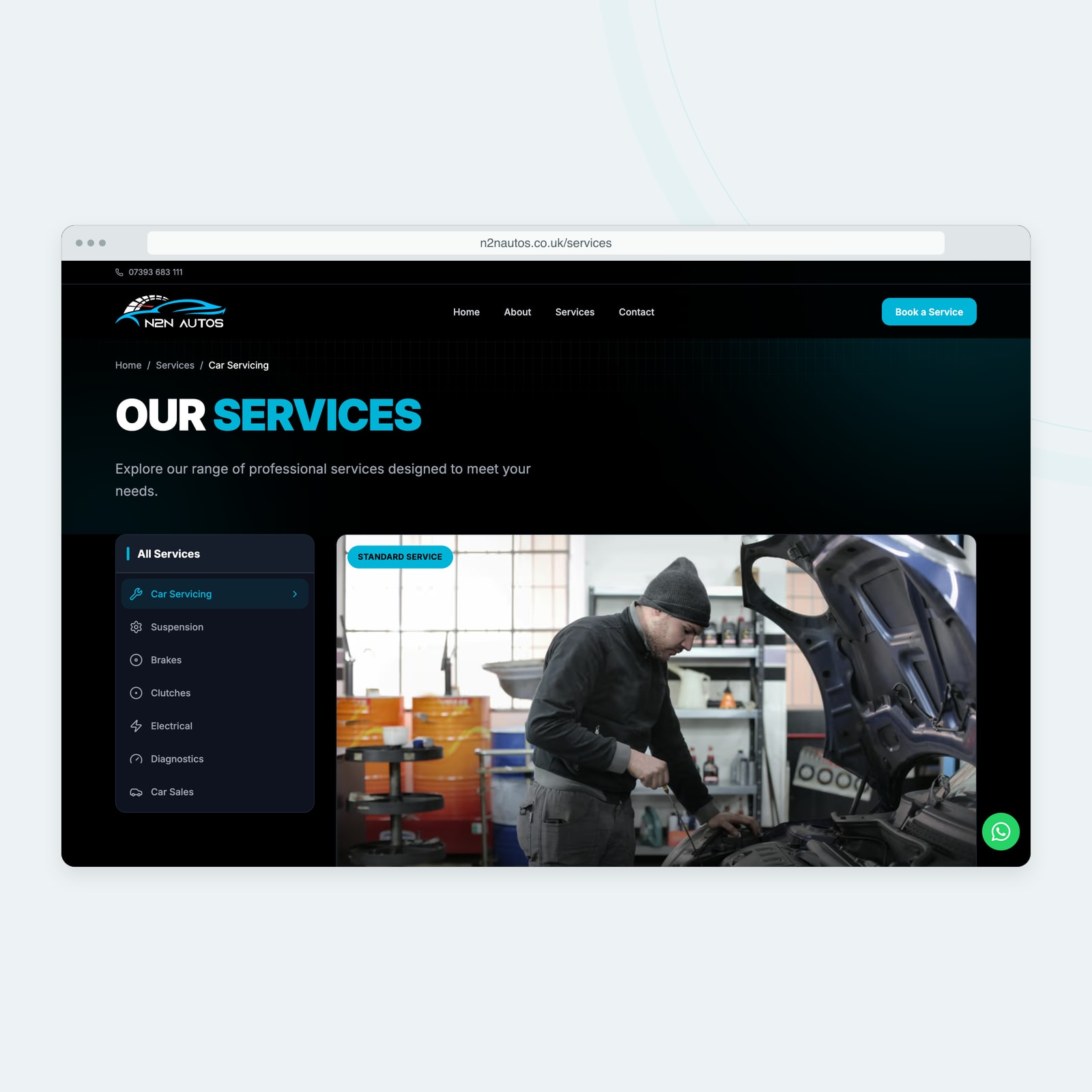The live N2N Autos services page with its service navigation and workshop photography.