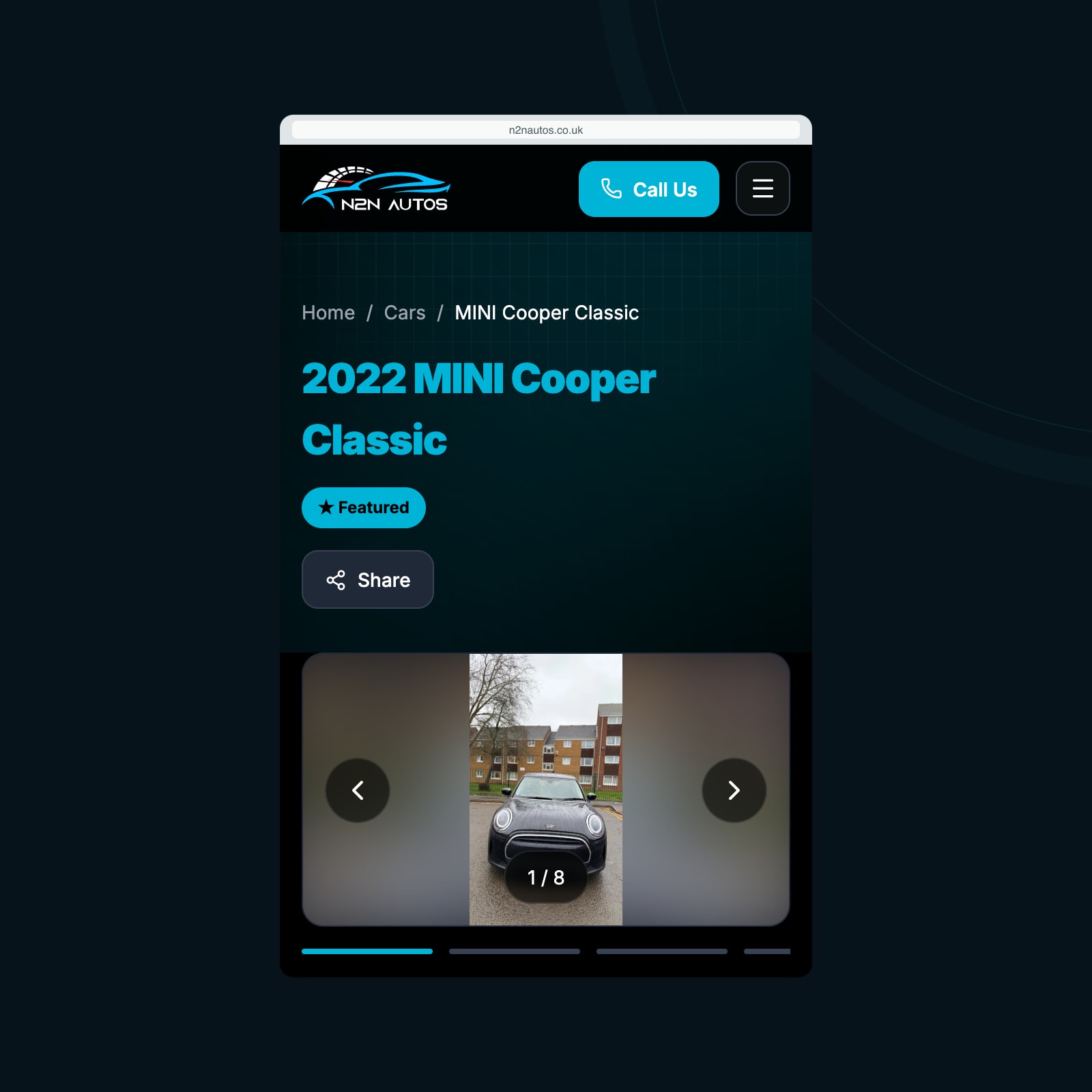 The mobile MINI Cooper listing with its image gallery and sharing control.