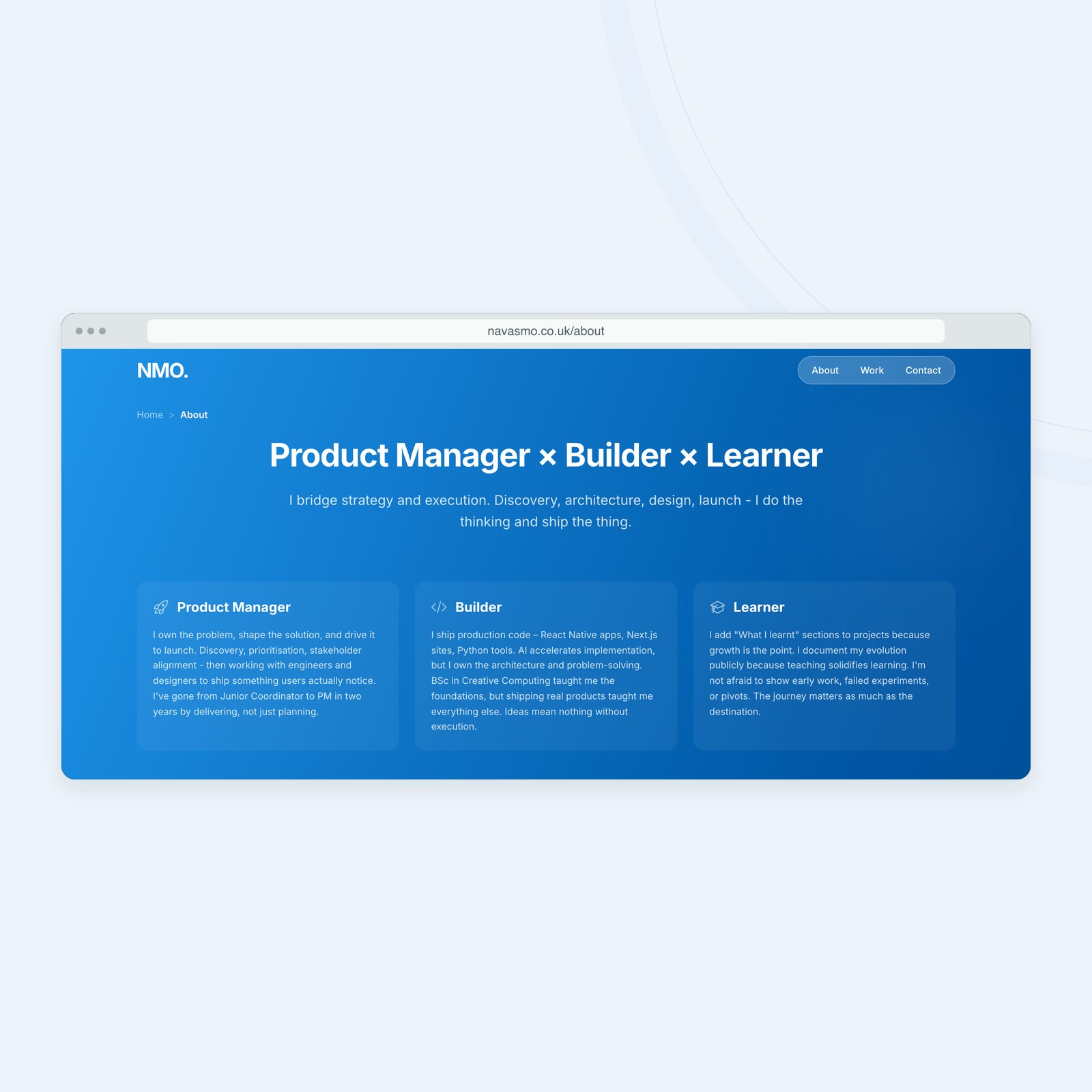 The About page explaining the product manager, builder and learner approach.