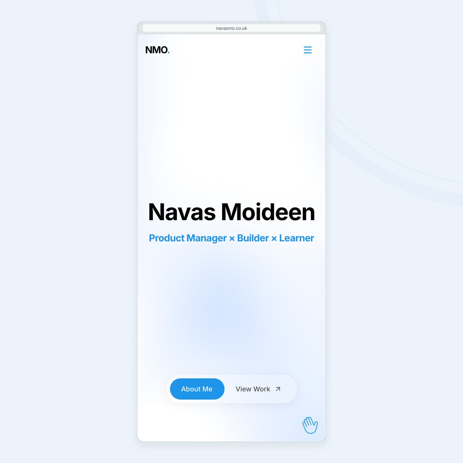 The personal portfolio homepage on mobile, with its navigation and work call to action.
