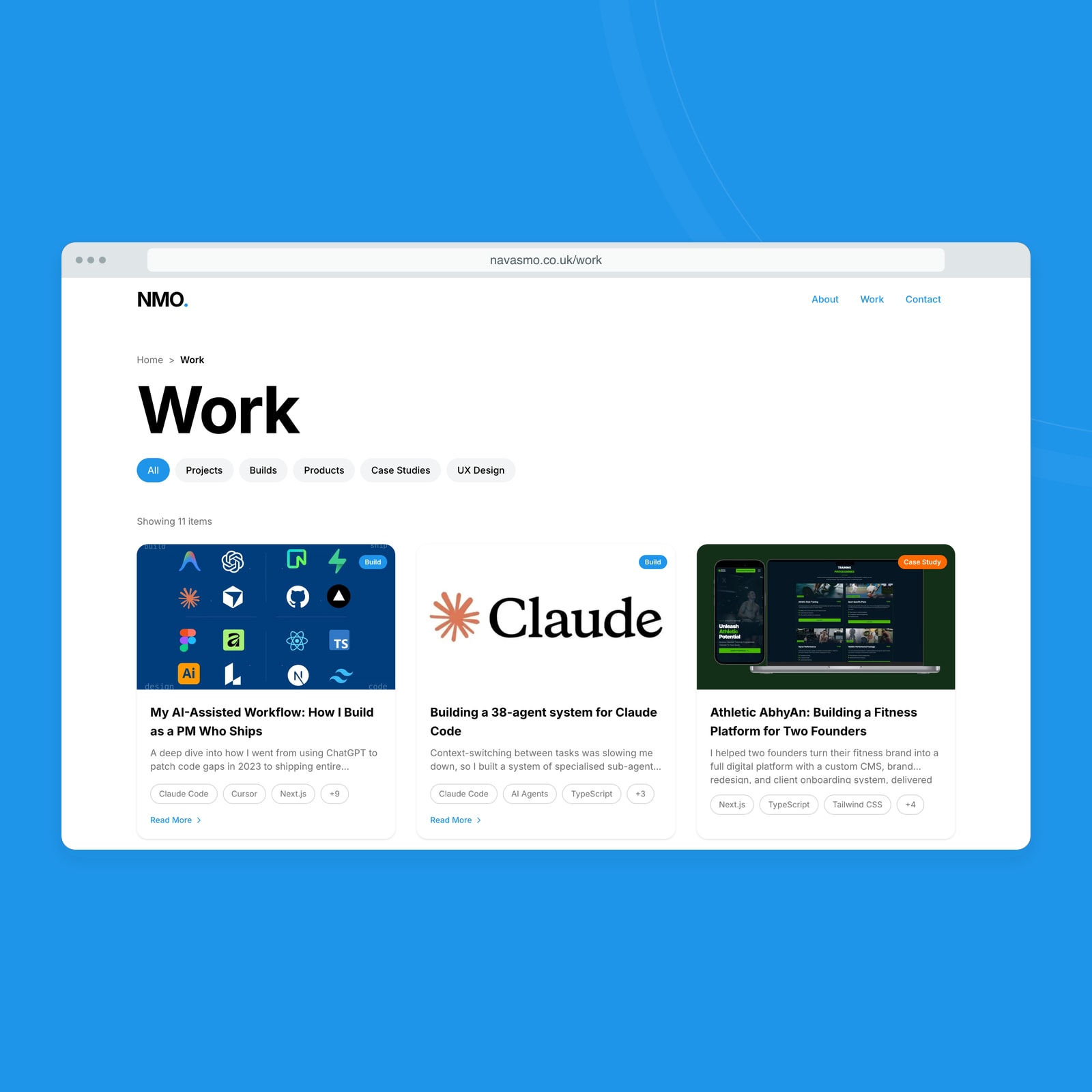 The portfolio’s current Work page showing its project collection and filters.