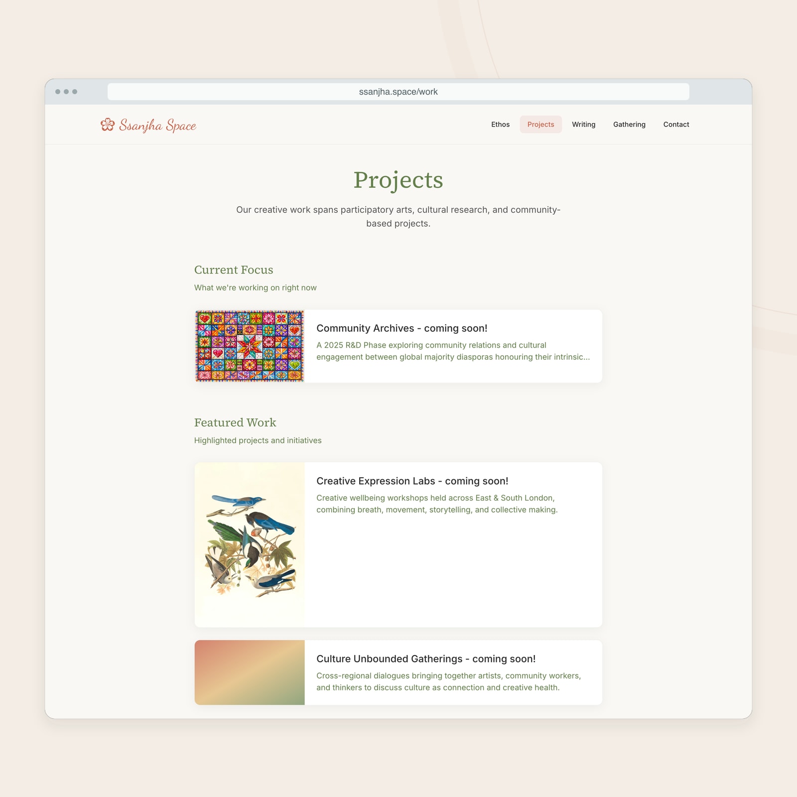The Projects page showing the three initiatives currently announced as coming soon.