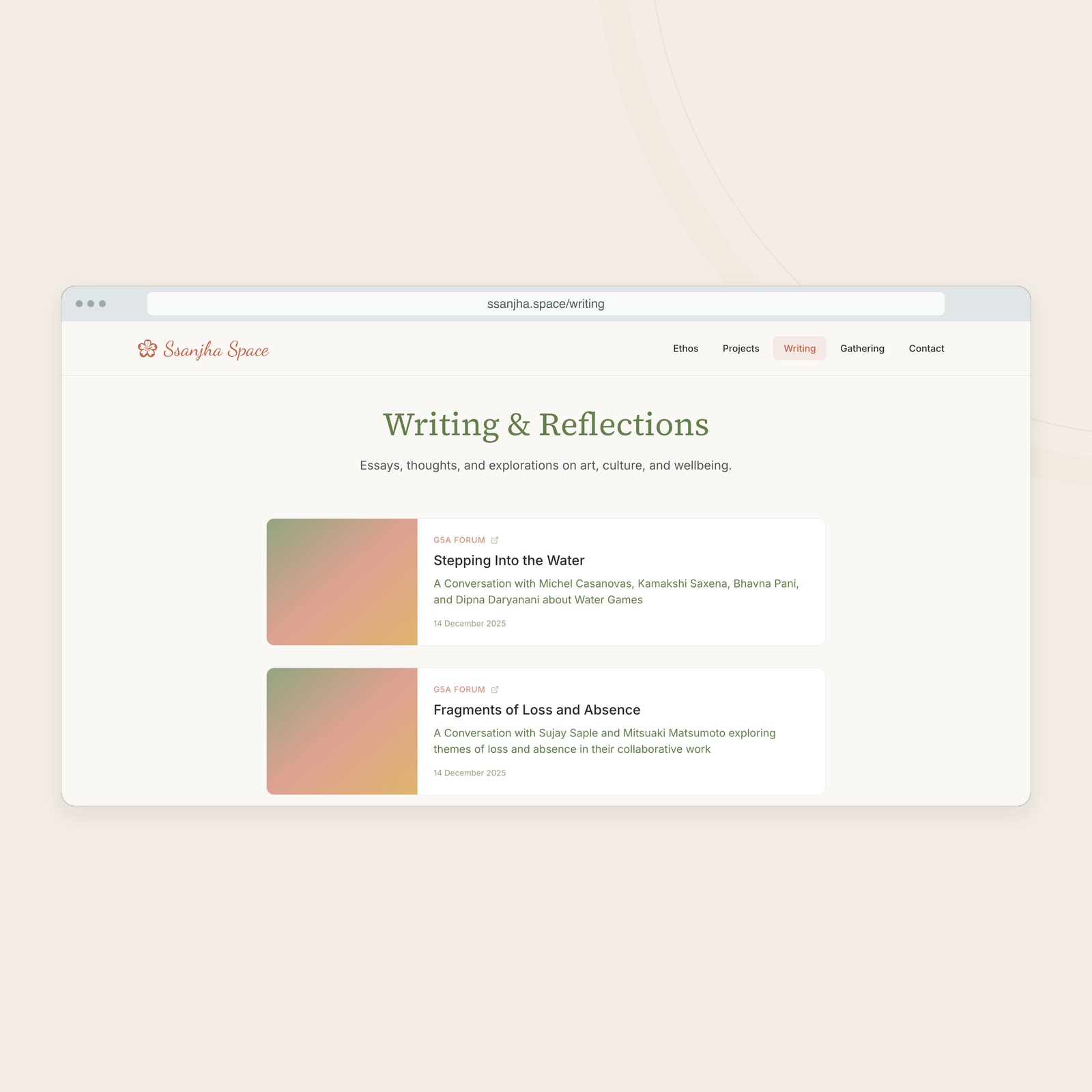 The Writing page with two complete published essay cards.